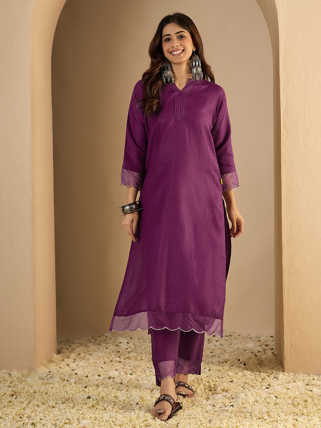 Purple Collar Neck Clean Solid Finish Cotton Blend Kurta Set