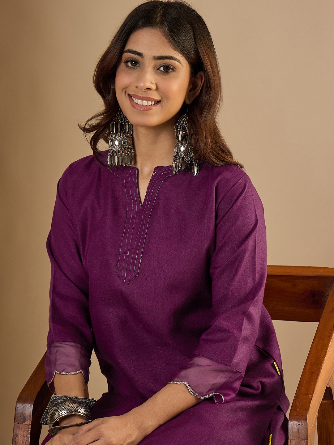 Purple Collar Neck Clean Solid Finish Cotton Blend Kurta Set