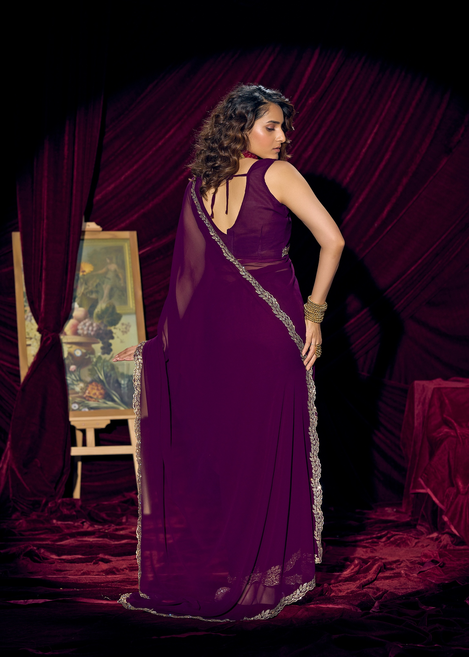 Purple Contemporary Zari Border Georgette Saree — alternate view