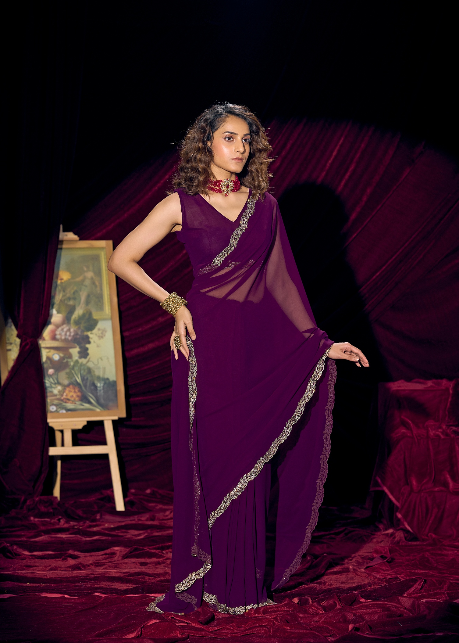 Purple Contemporary Zari Border Georgette Saree