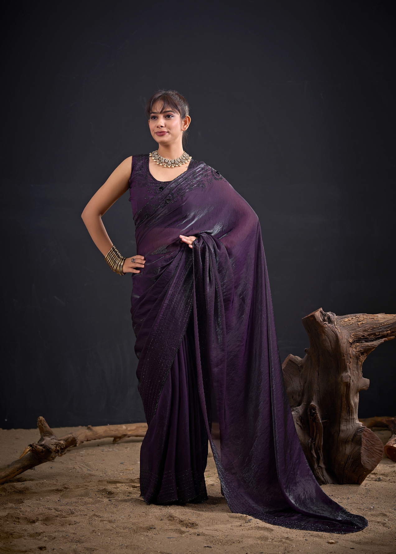 Purple Contemporary Zircon Work Satin Silk Saree