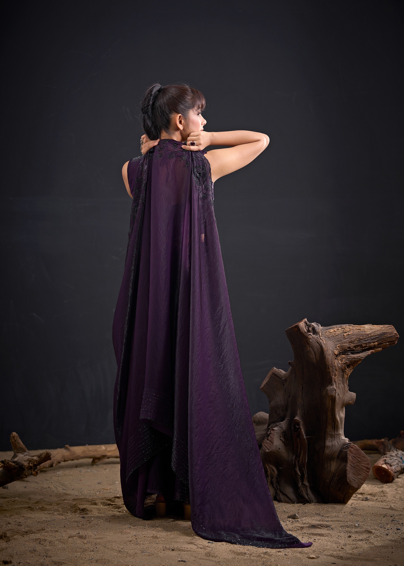 Purple Contemporary Zircon Work Satin Silk Saree — alternate view