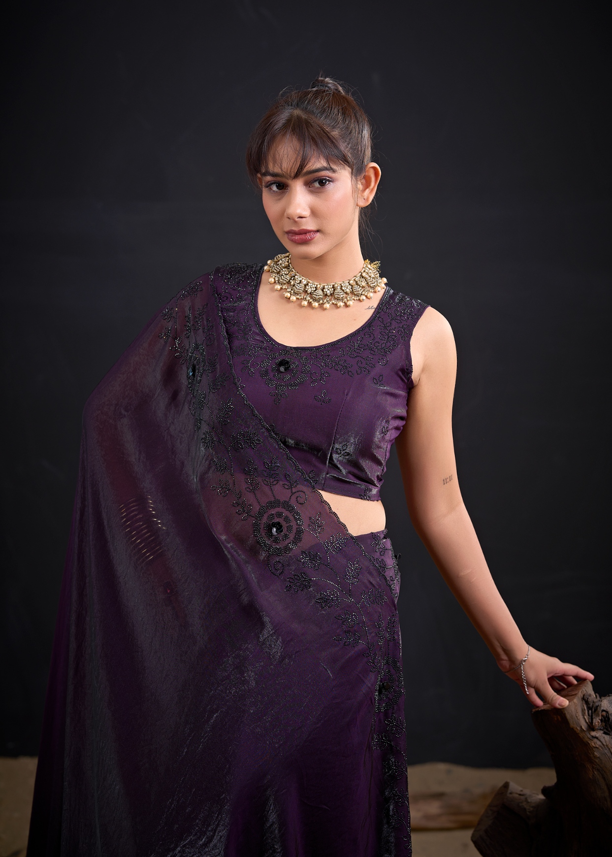 Purple Contemporary Zircon Work Satin Silk Saree