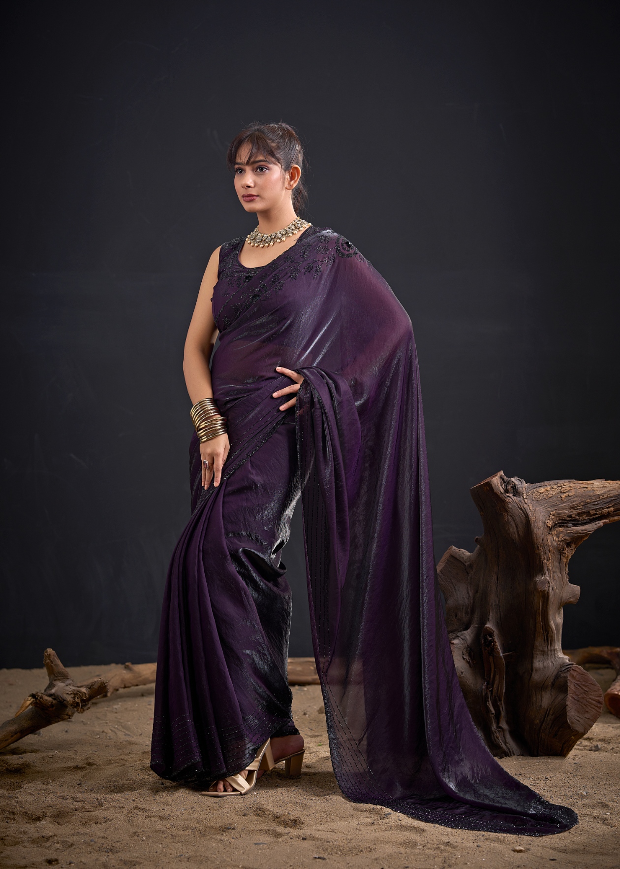 Purple Contemporary Zircon Work Satin Silk Saree