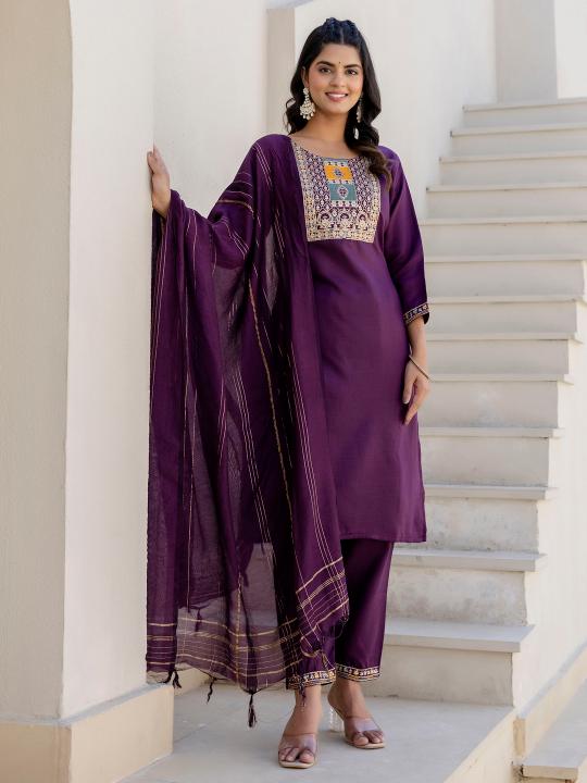 Purple Cotton Blend Readymade Suits