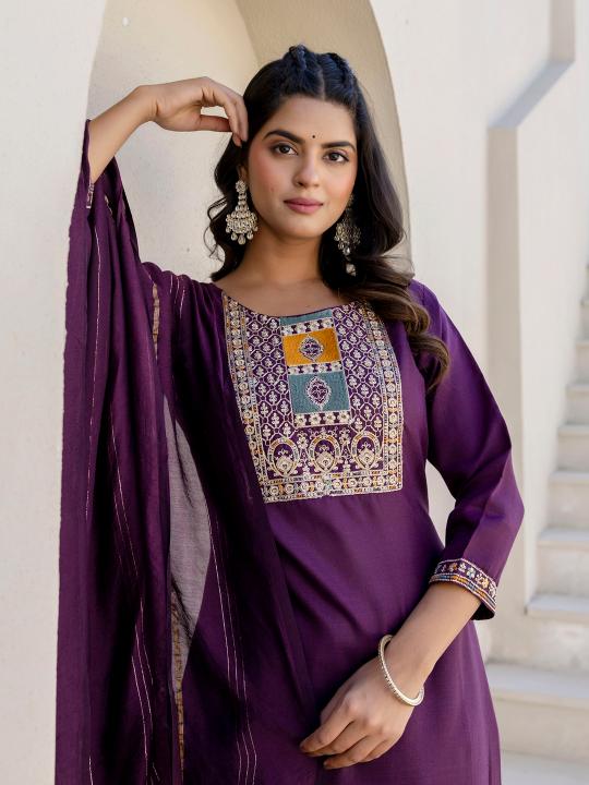 Purple Cotton Blend Readymade Suits