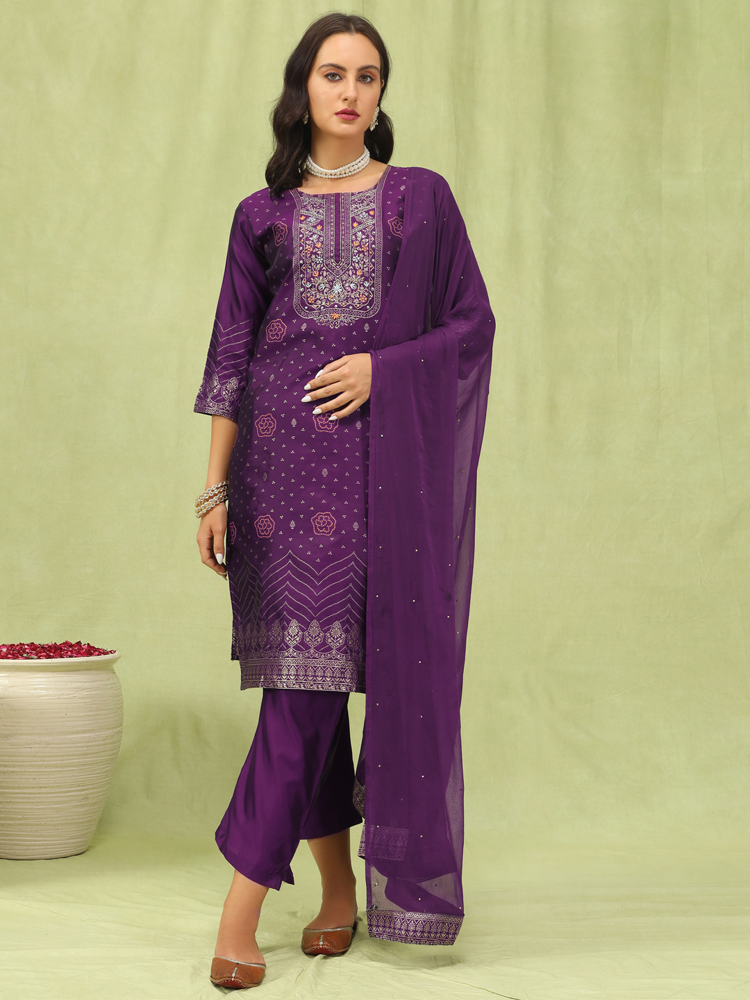 Purple Cotton Silk Jacquard Embroidered Readymade Salwar