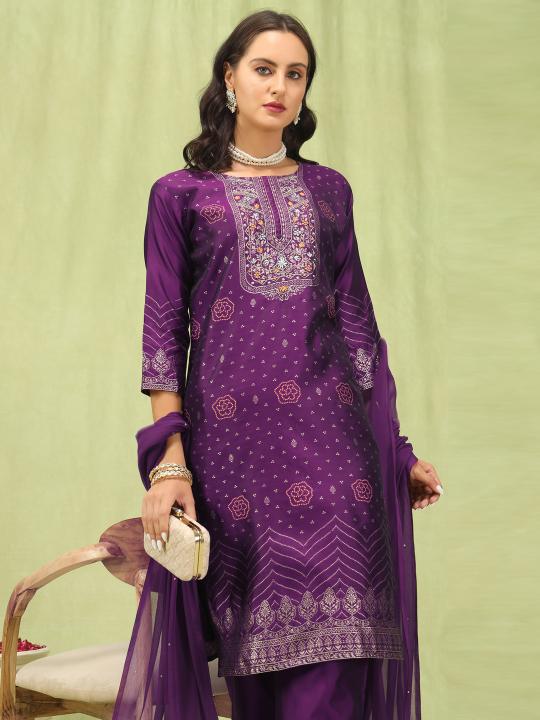 Purple Cotton Silk Jacquard Embroidered Readymade Salwar