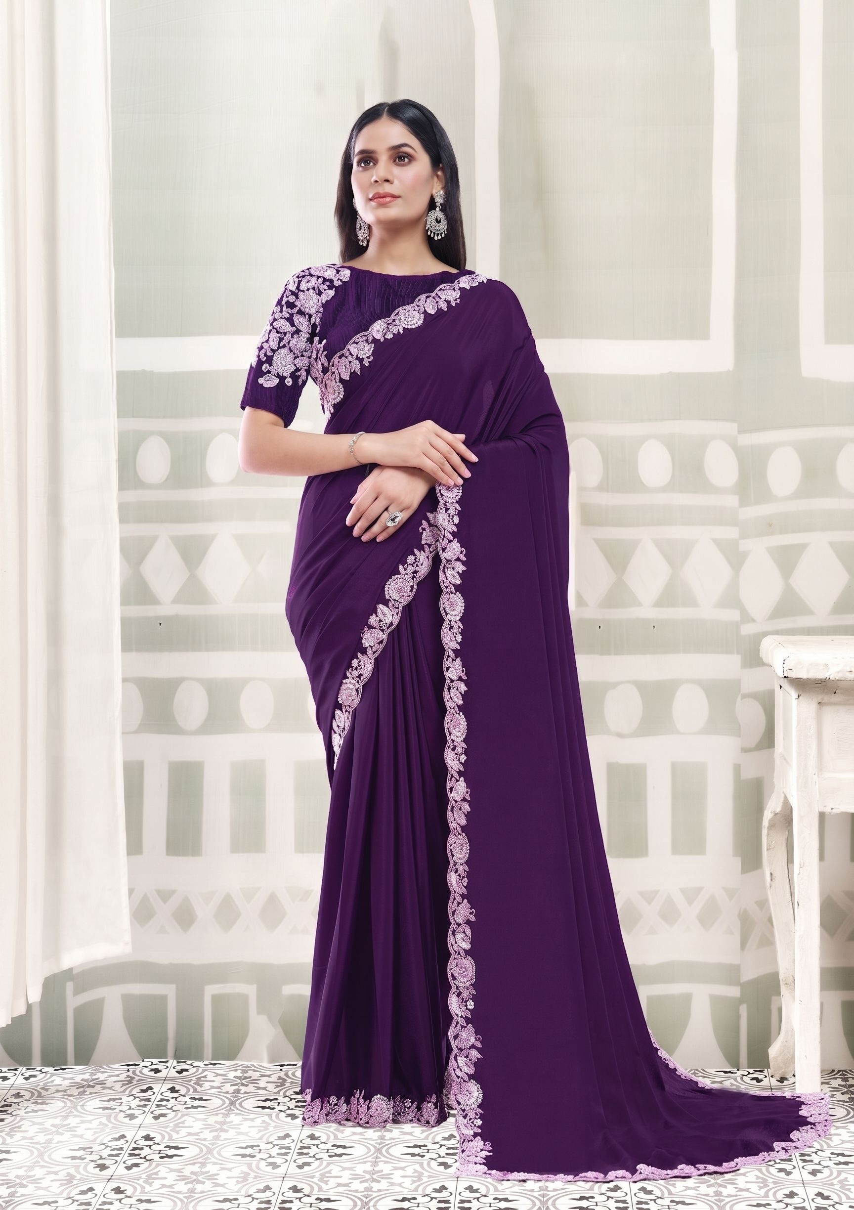 Purple Crepe Silk Embroidered Saree