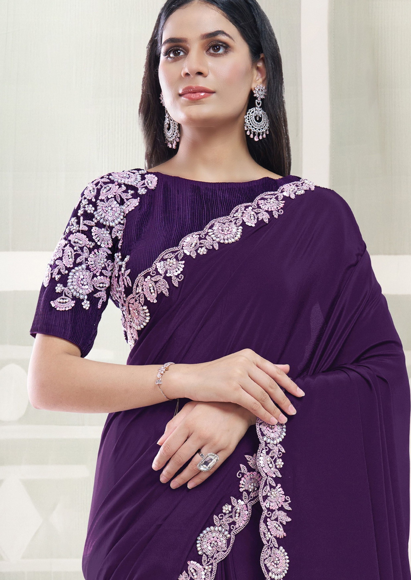Purple Crepe Silk Embroidered Saree — alternate view