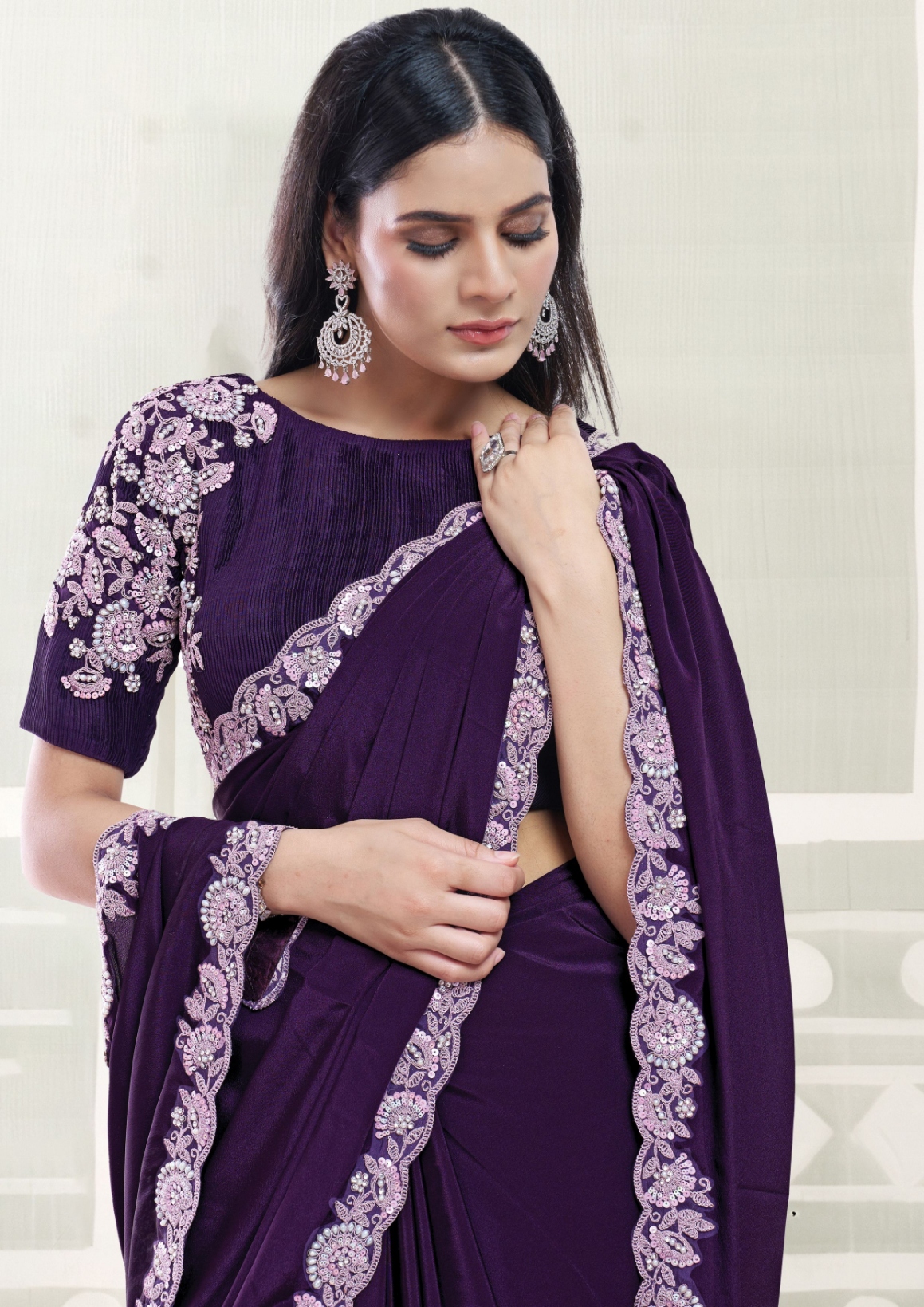 Purple Crepe Silk Embroidered Saree