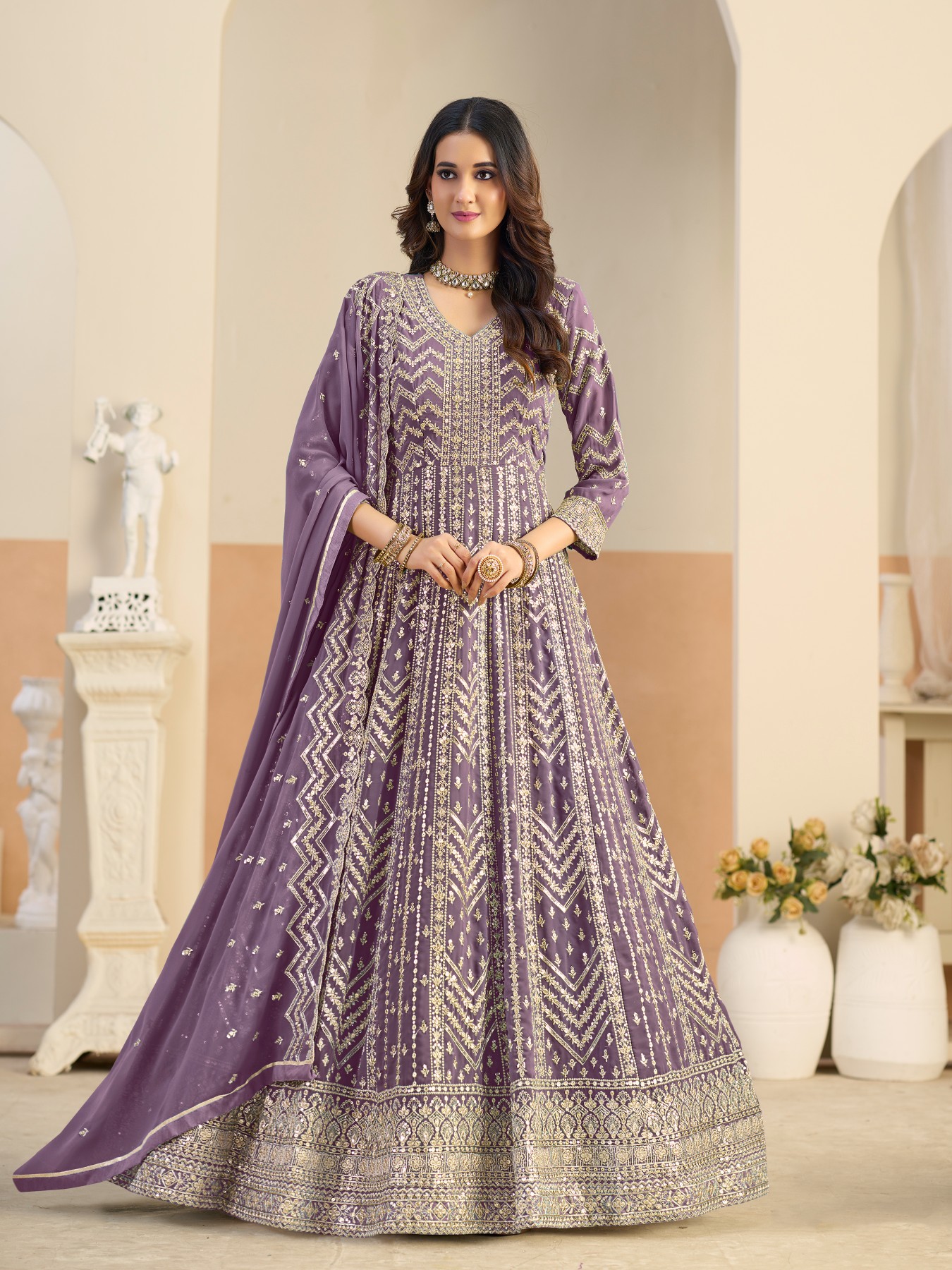 Purple Designer Embroidered Faux Georgette Anarkali Suit