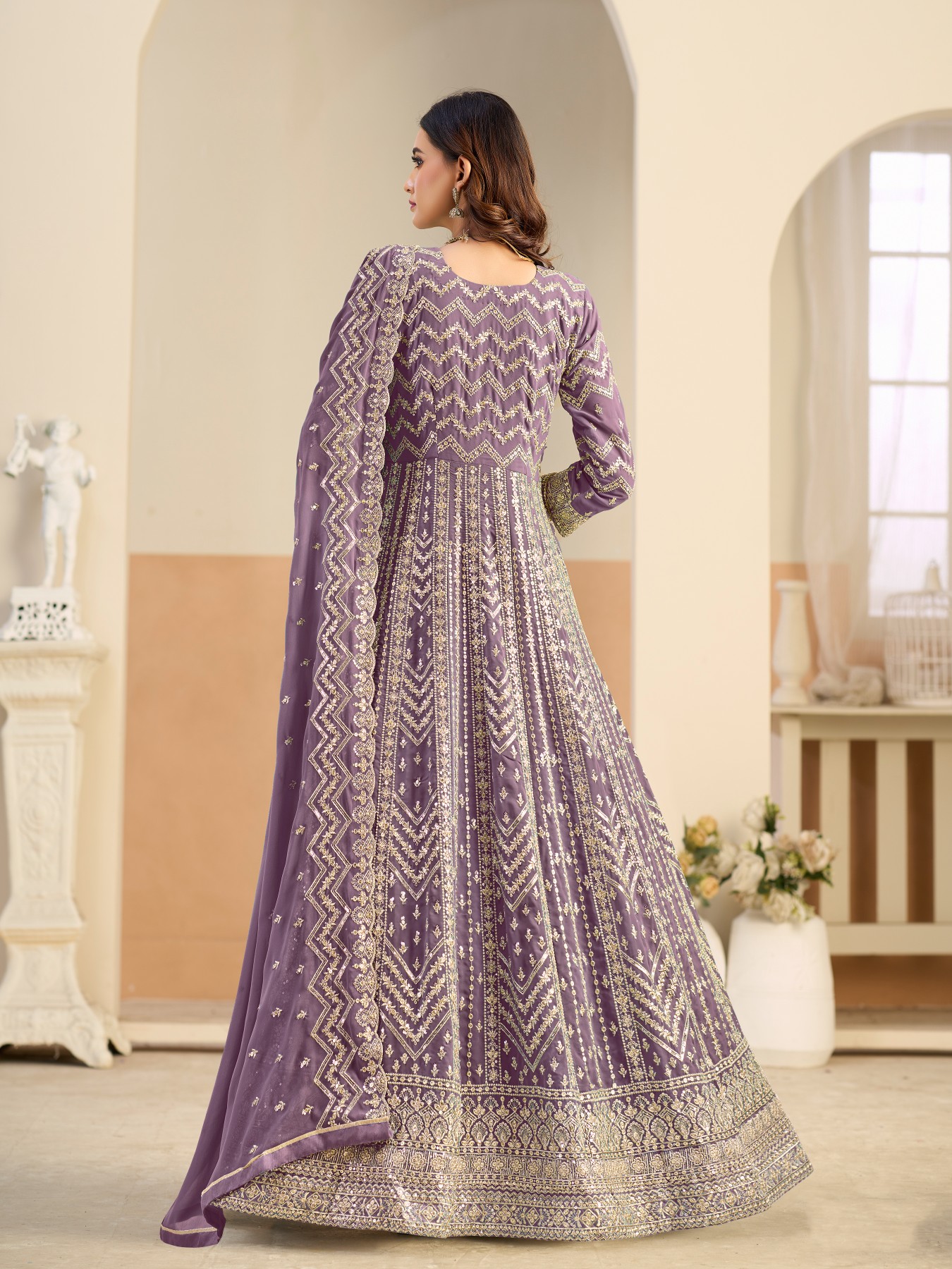 Purple Designer Embroidered Faux Georgette Anarkali Suit — alternate view