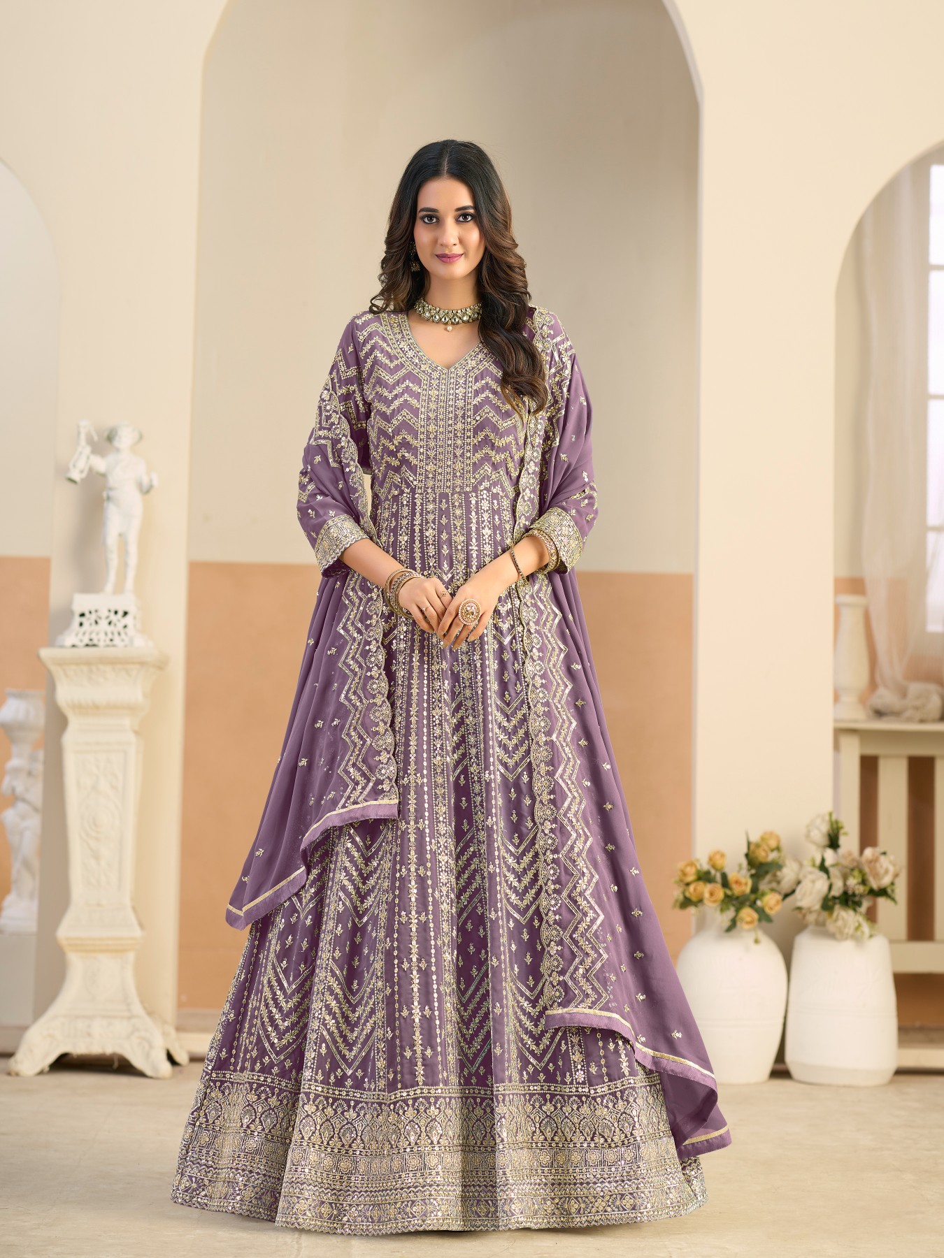 Purple Designer Embroidered Faux Georgette Anarkali Suit