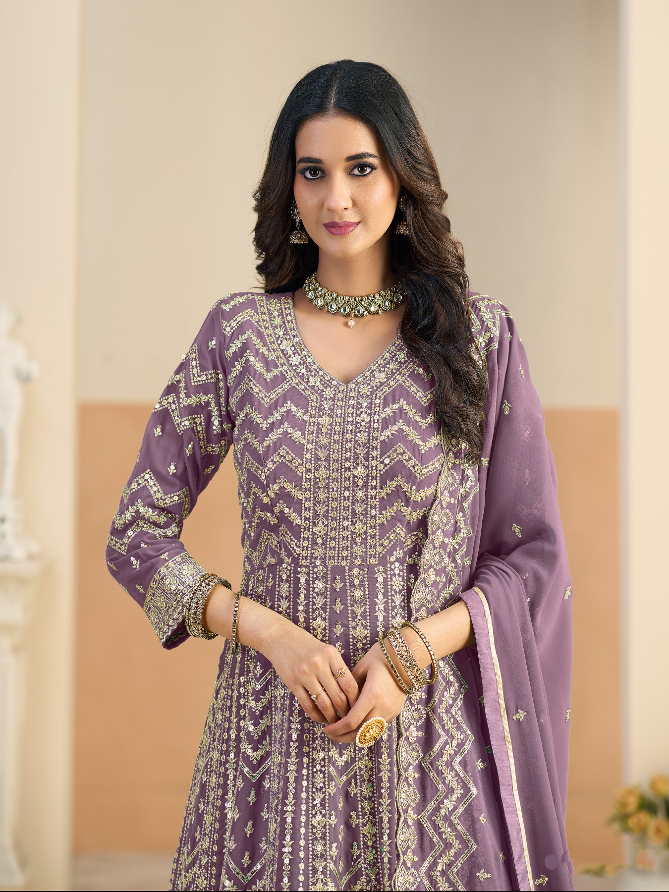 Purple Designer Embroidered Faux Georgette Anarkali Suit