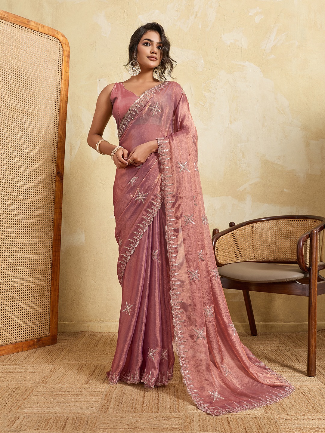 Purple Designer Embroidered Fendy Chiffon Saree