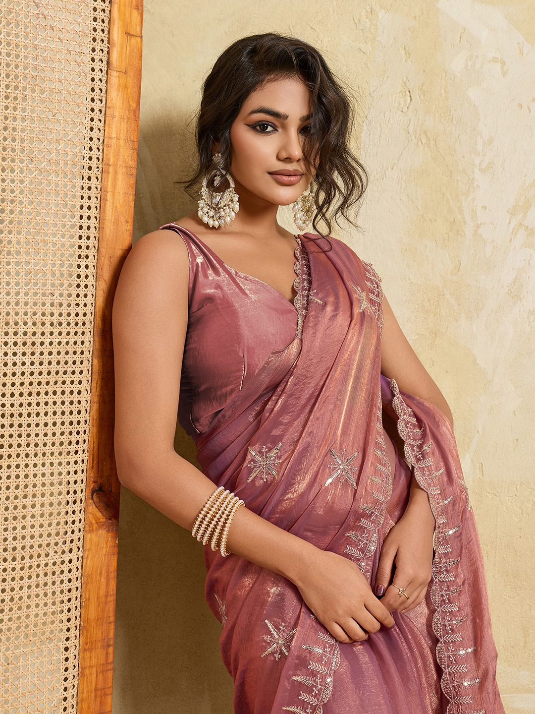 Purple Designer Embroidered Fendy Chiffon Saree