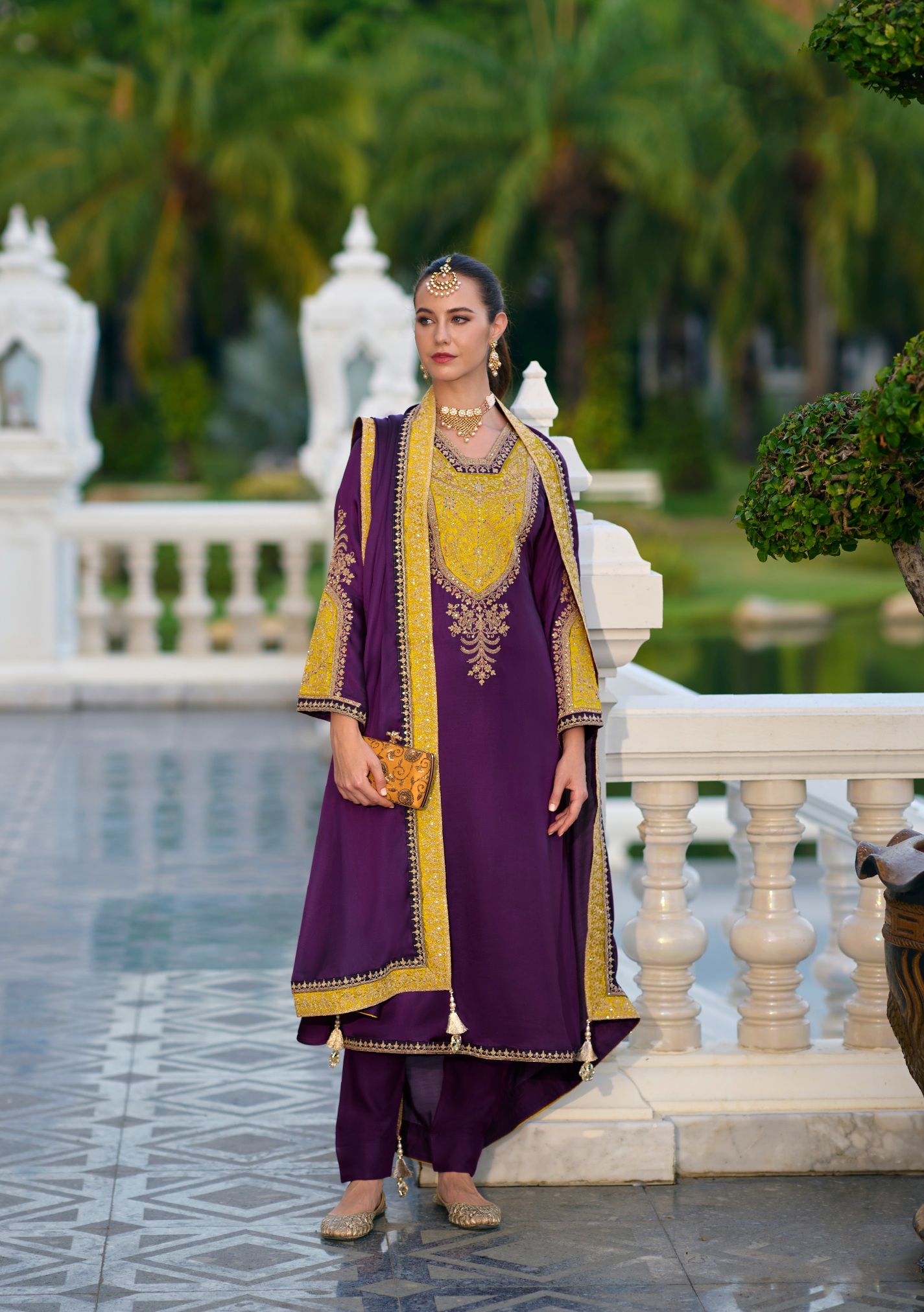 Purple Designer Embroidered Gajji Silk Straight Salwar Suit