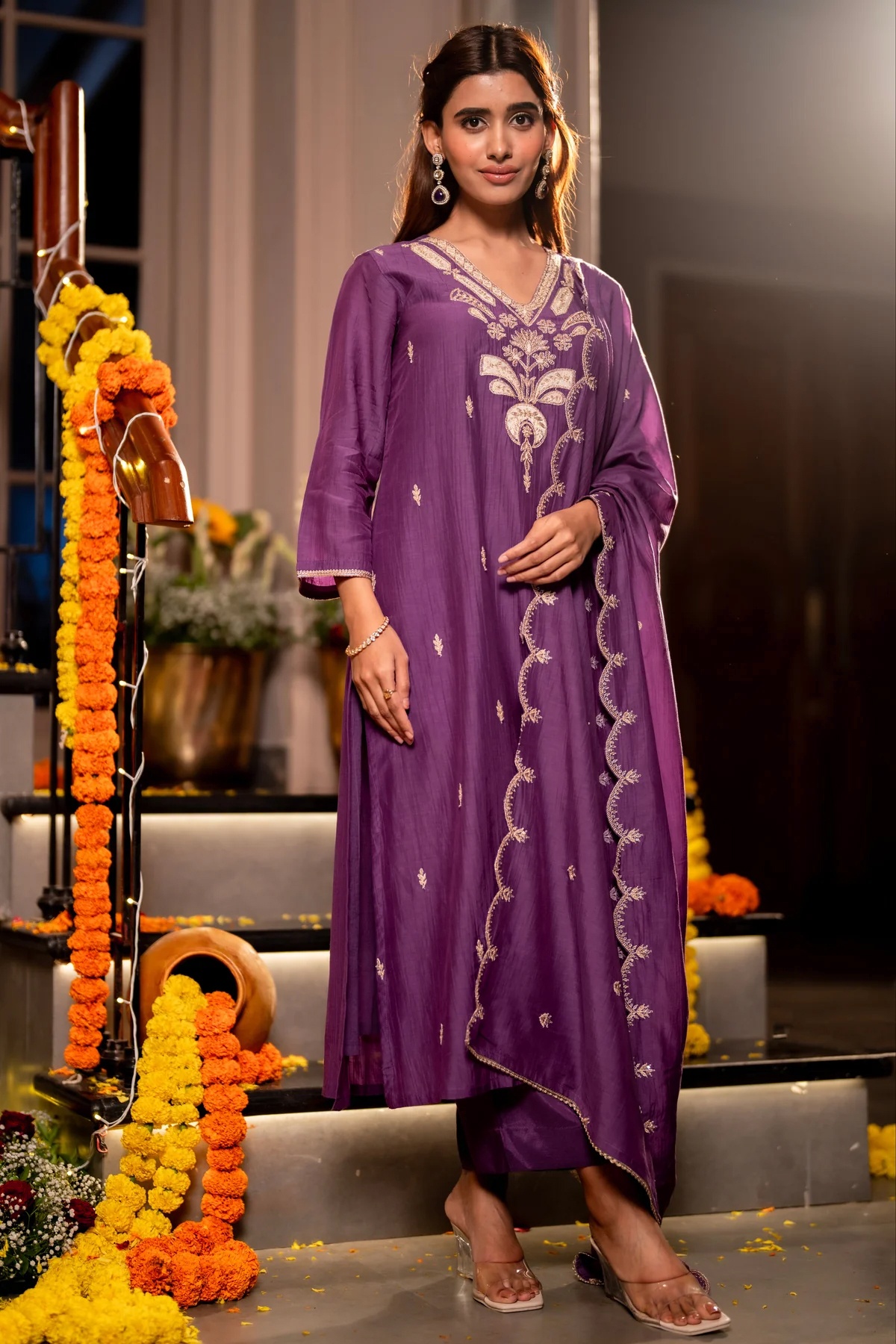 Purple Designer Embroidered Mal Chanderi Kurta Set