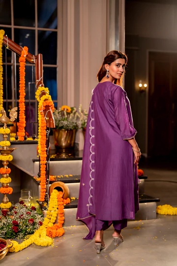 Purple Designer Embroidered Mal Chanderi Kurta Set — alternate view