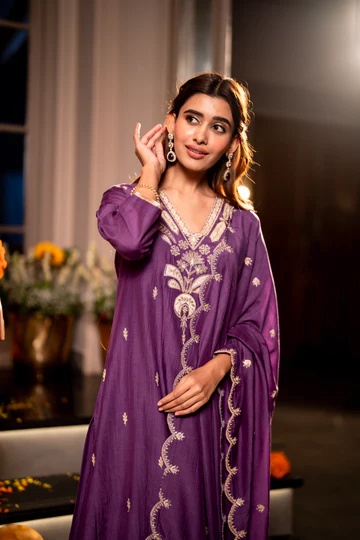 Purple Designer Embroidered Mal Chanderi Kurta Set