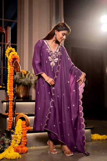 Purple Designer Embroidered Mal Chanderi Kurta Set
