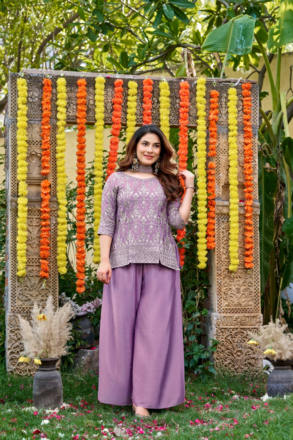 Purple Designer Embroidery Chinon Palazzo Suit