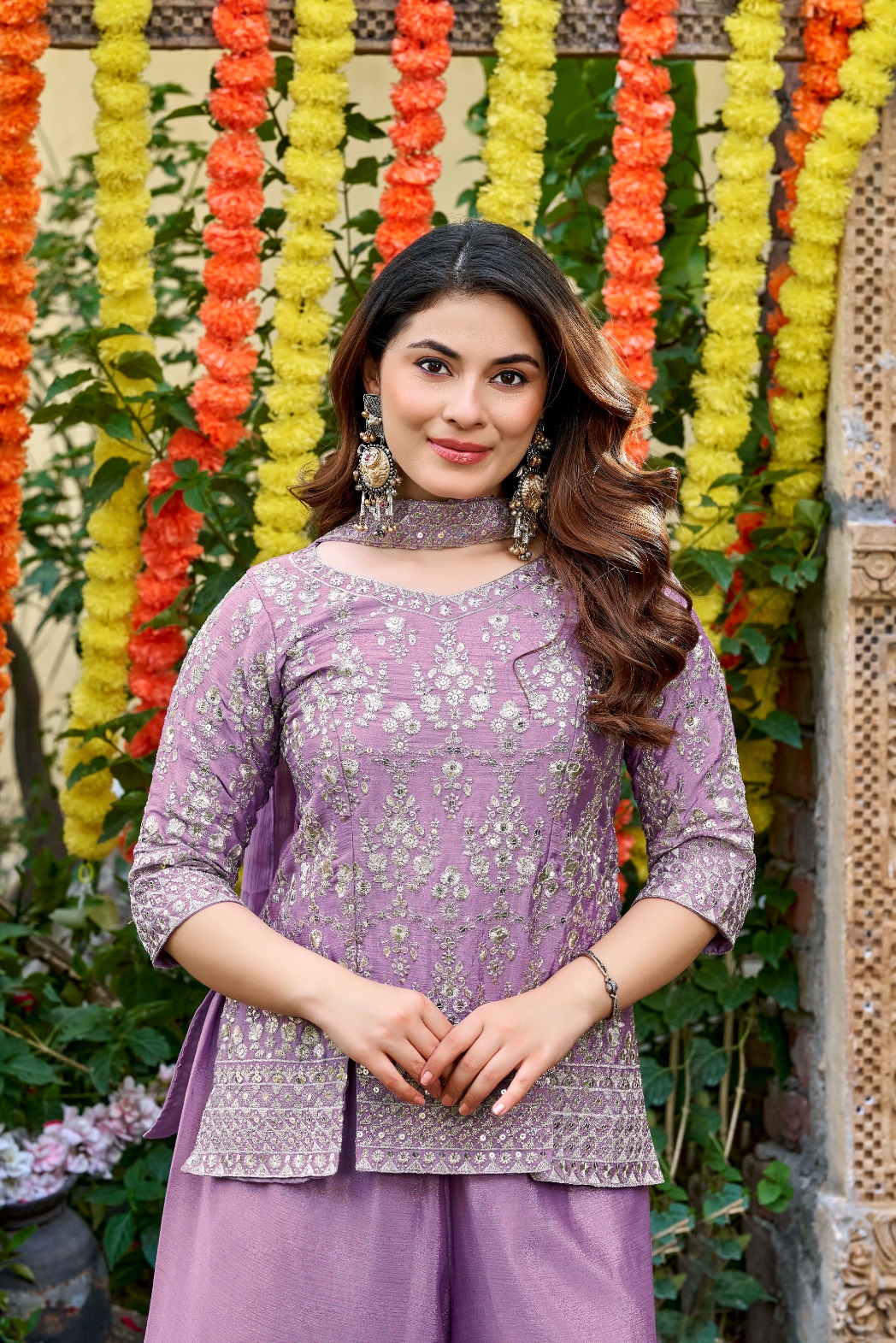 Purple Designer Embroidery Chinon Palazzo Suit