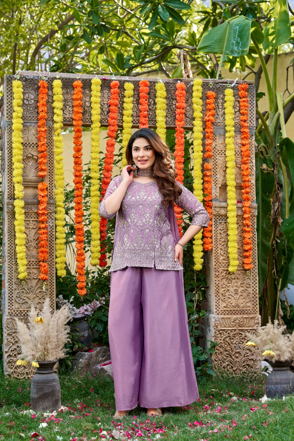 Purple Designer Embroidery Chinon Palazzo Suit