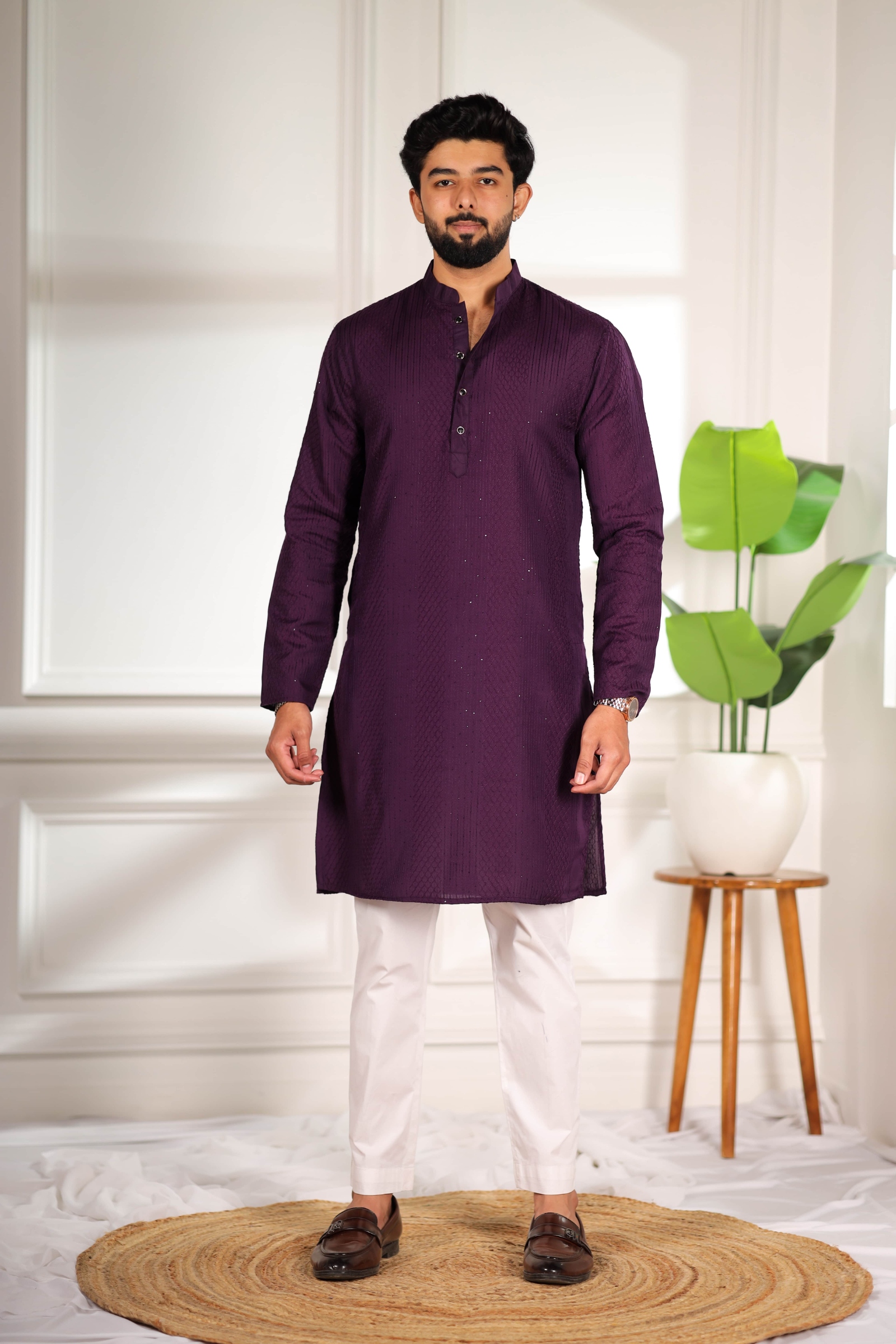 Purple Designer Embroidery Cotton Kurta Pyjama