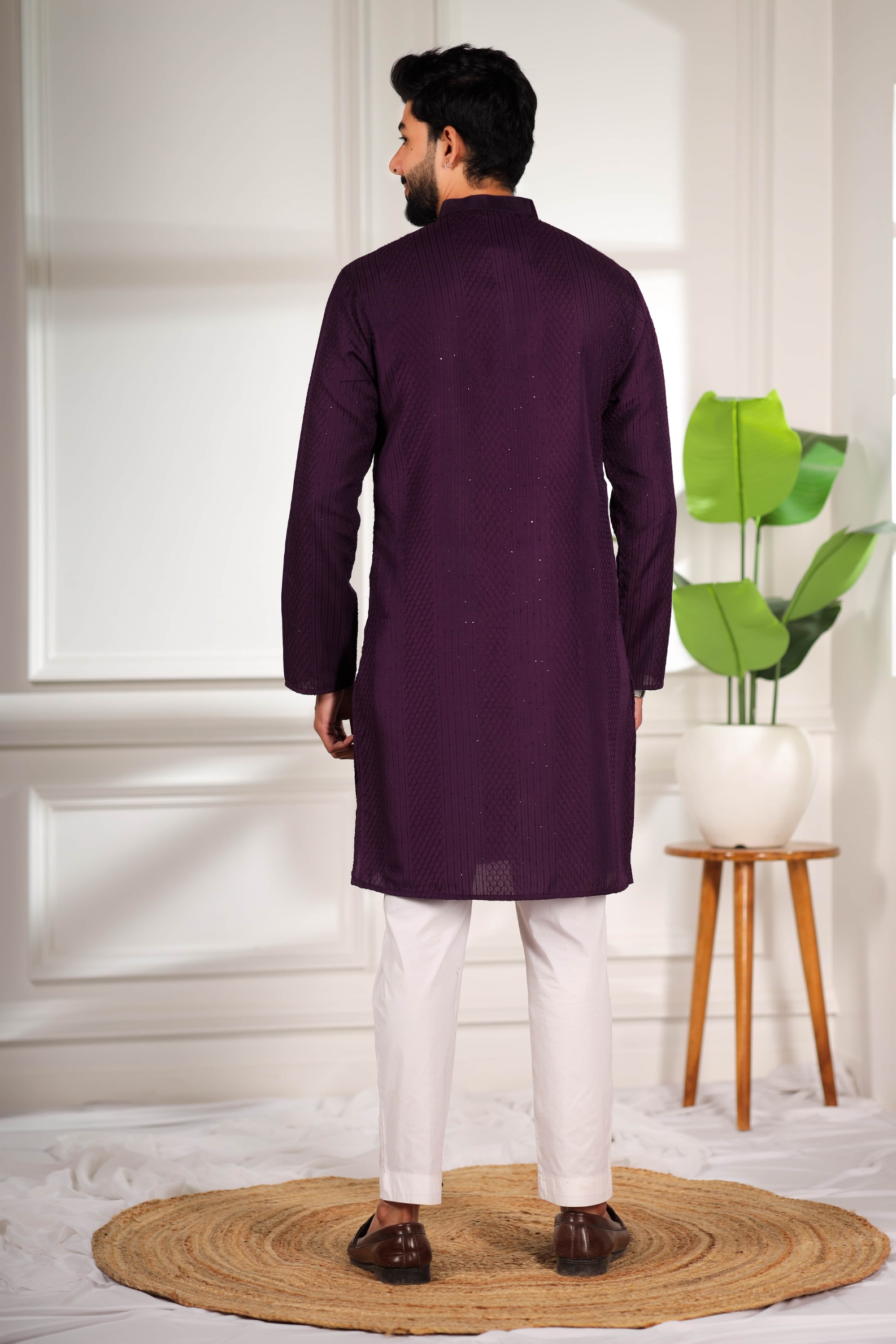 Purple Designer Embroidery Cotton Kurta Pyjama — alternate view