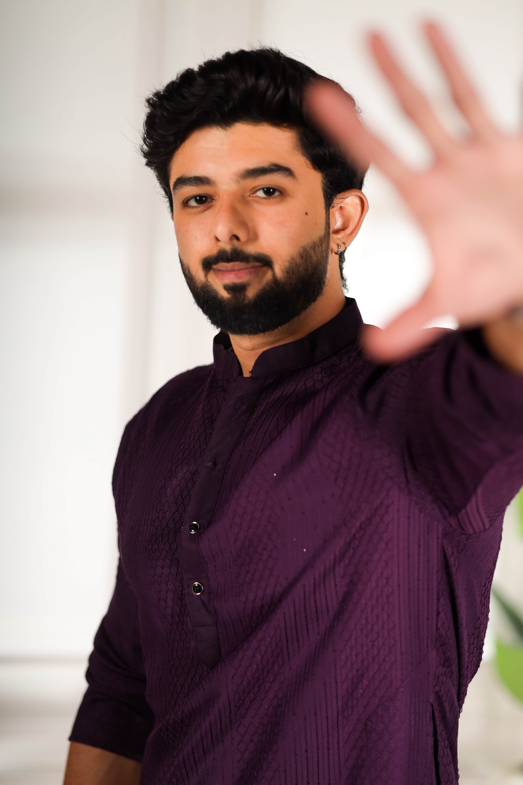 Purple Designer Embroidery Cotton Kurta Pyjama