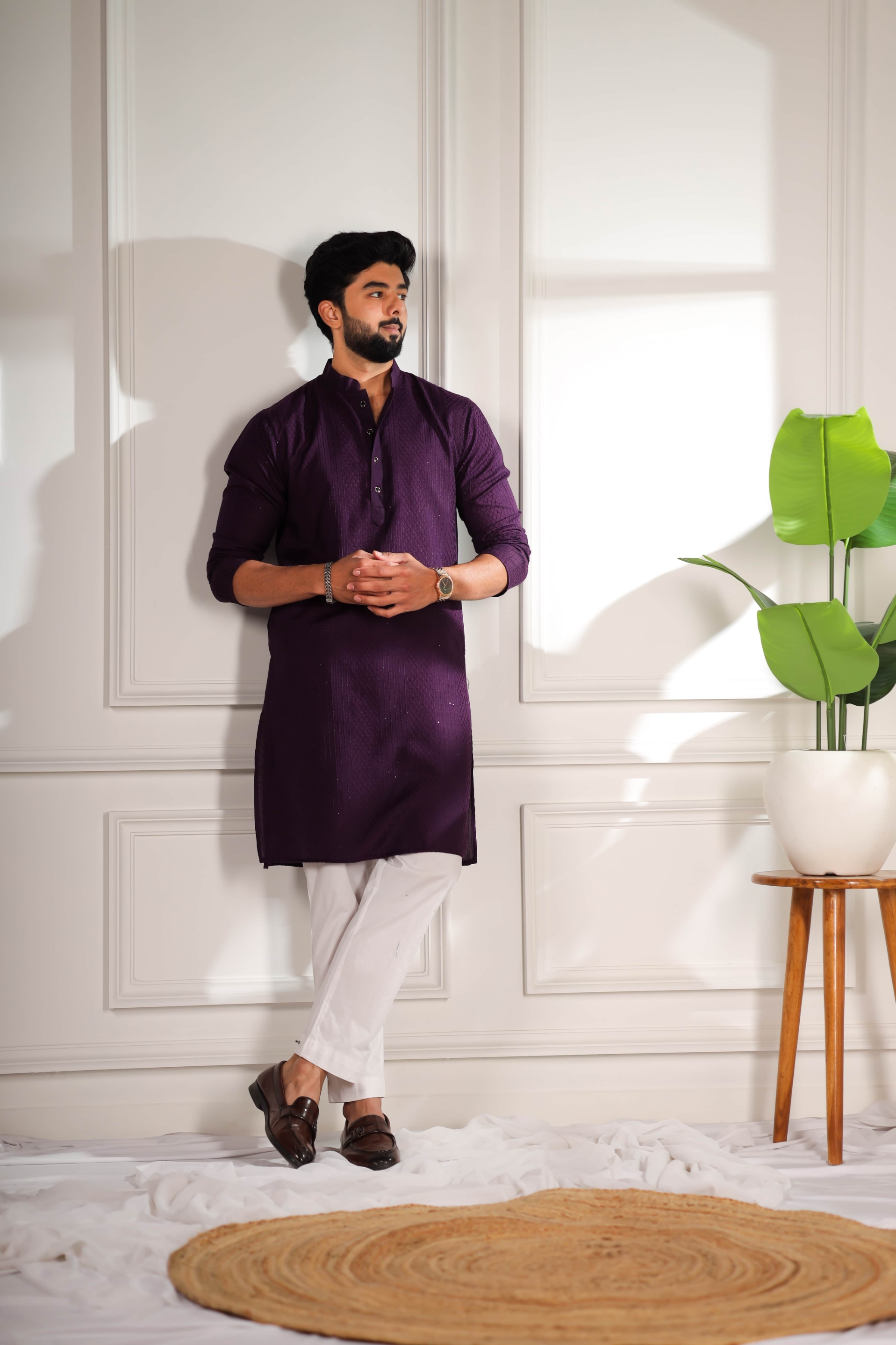 Purple Designer Embroidery Cotton Kurta Pyjama
