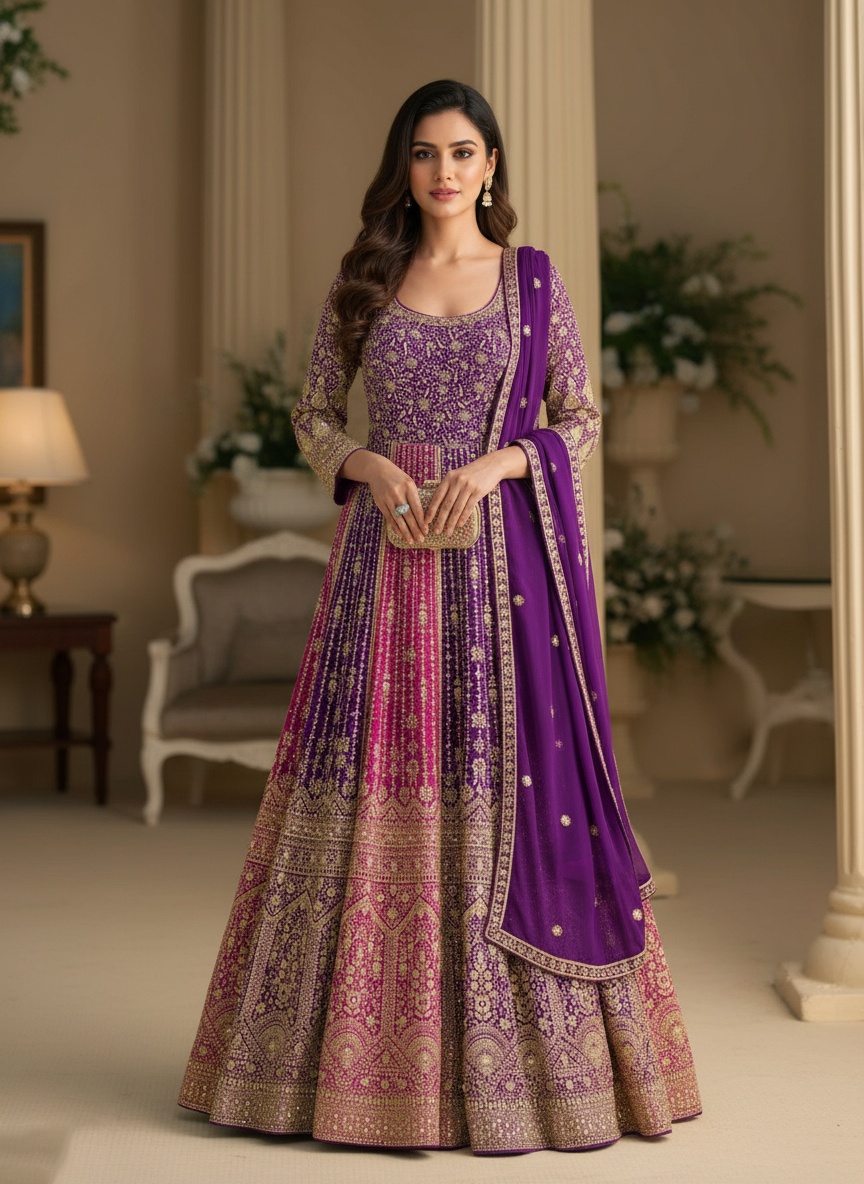 Purple Designer Embroidery Faux Georgette Gown