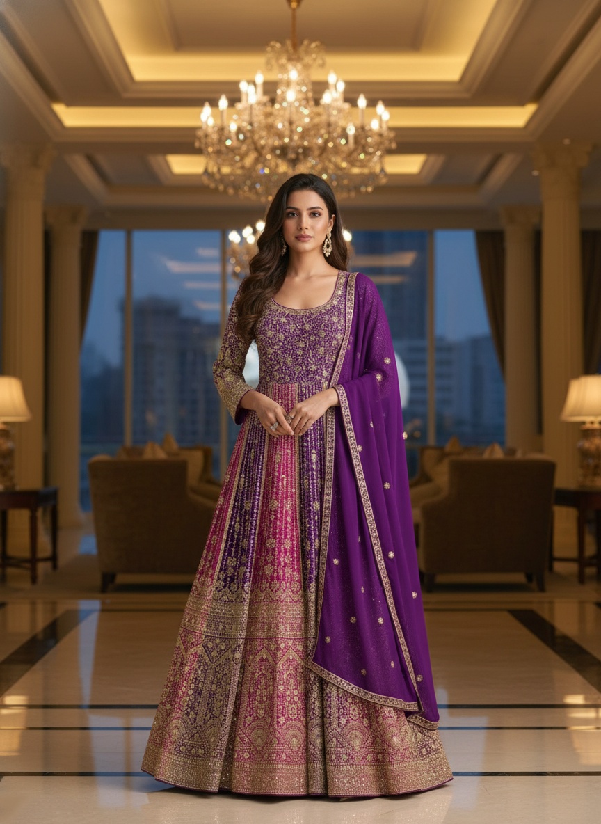 Purple Designer Embroidery Faux Georgette Gown