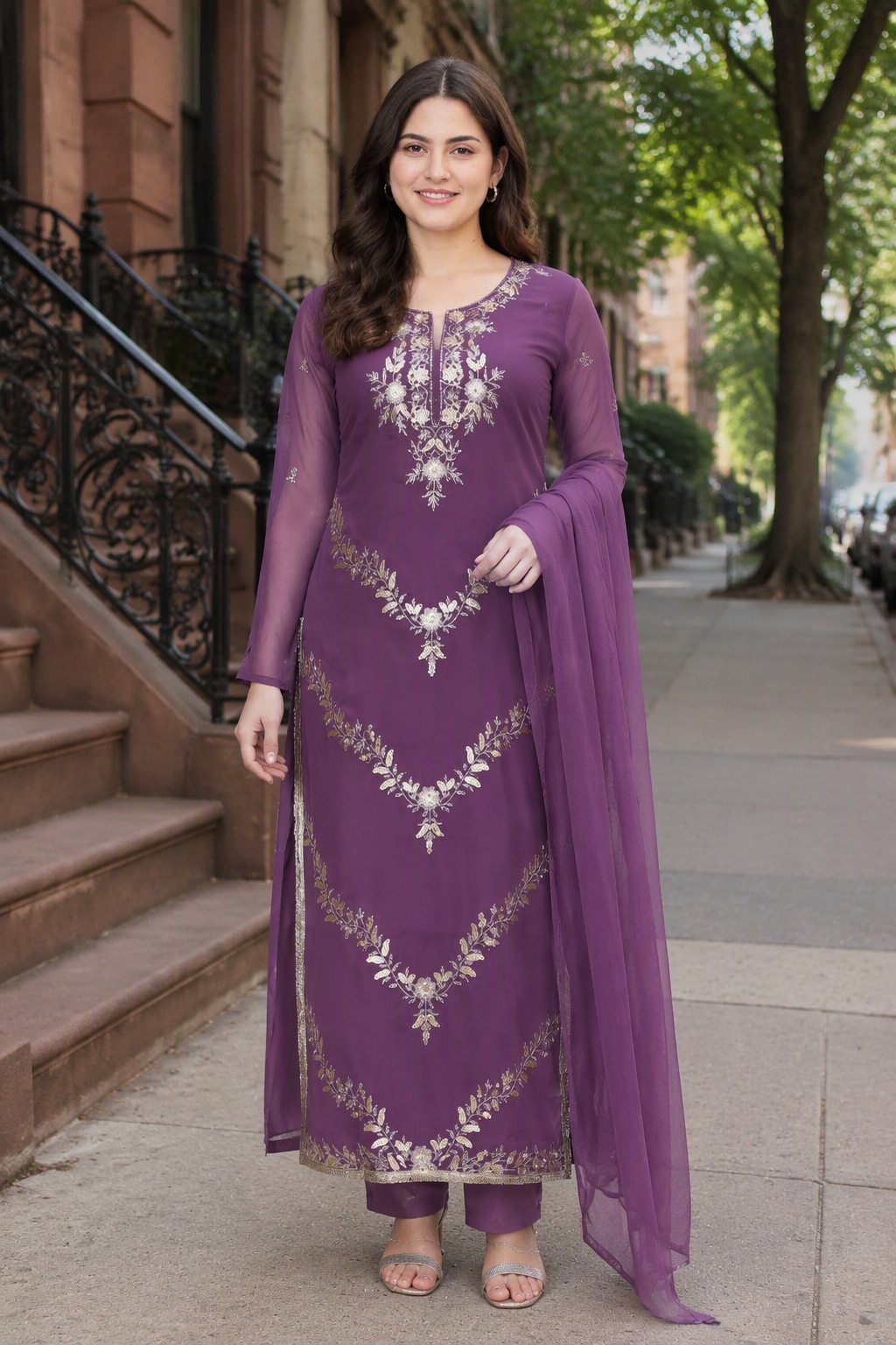 Purple Designer Embroidery Georgette Palazzo Suit