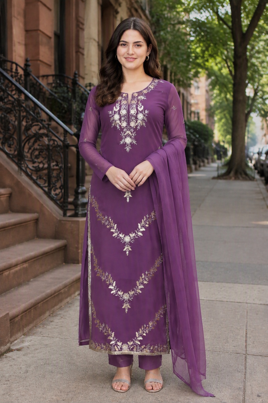 Purple Designer Embroidery Georgette Palazzo Suit