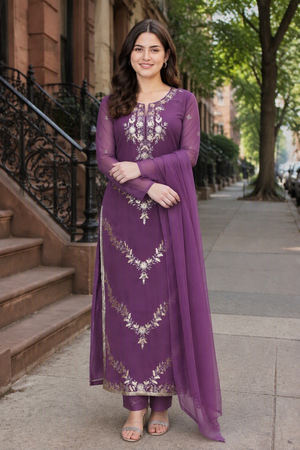Purple Designer Embroidery Georgette Palazzo Suit