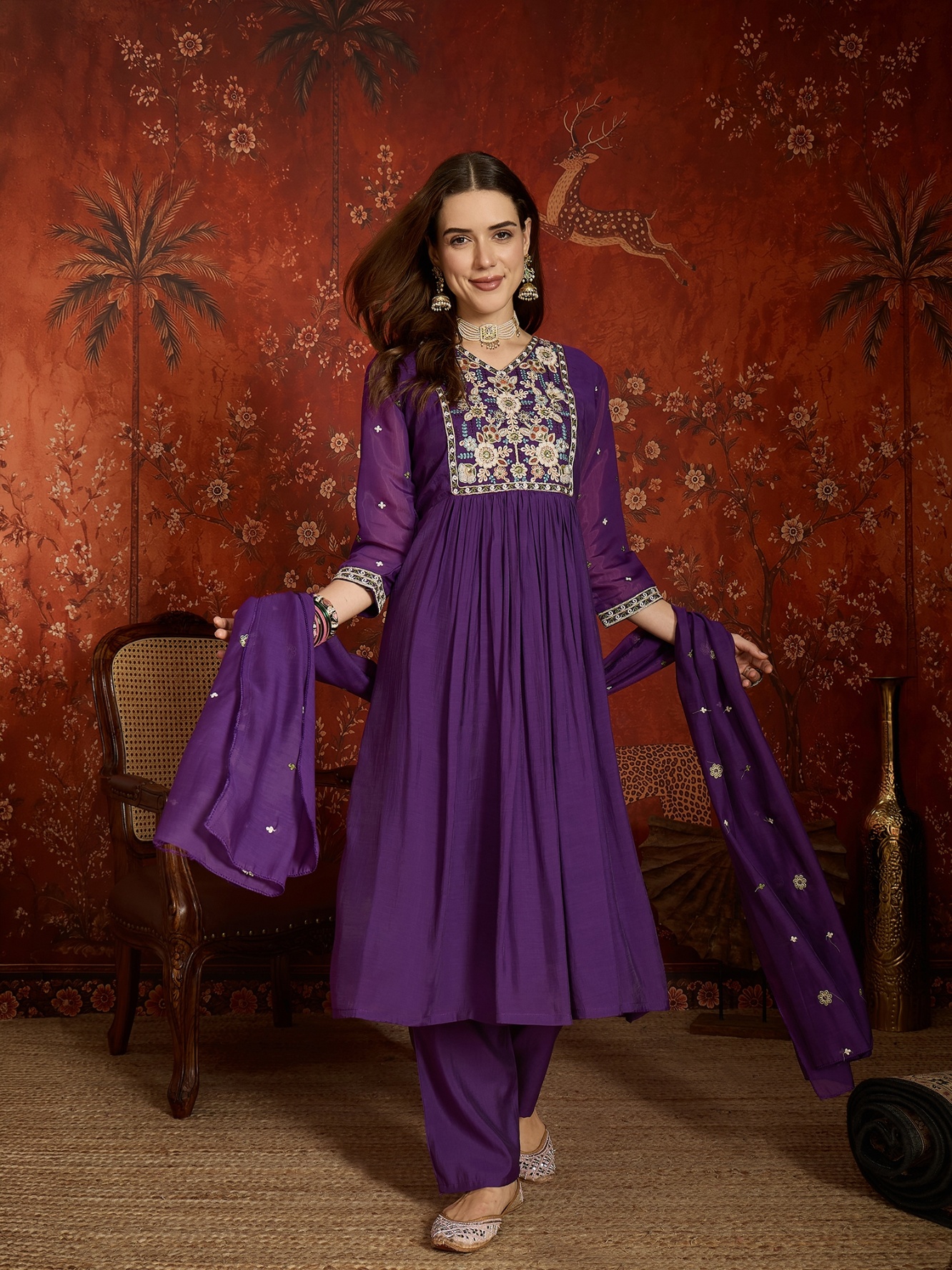 Purple Designer Embroidery Mul Chanderi Anarkali Suit