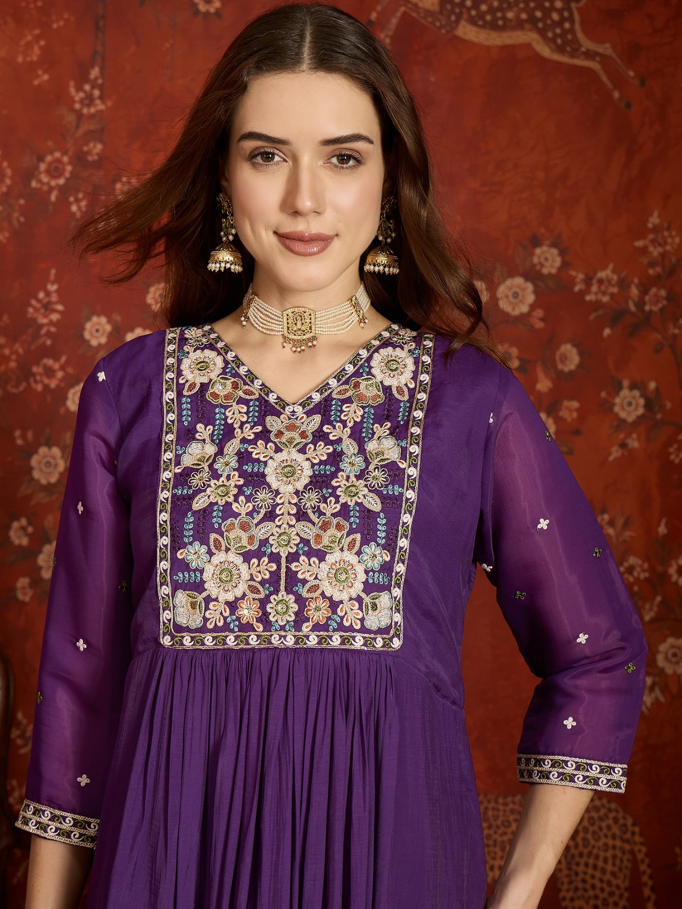 Purple Designer Embroidery Mul Chanderi Anarkali Suit