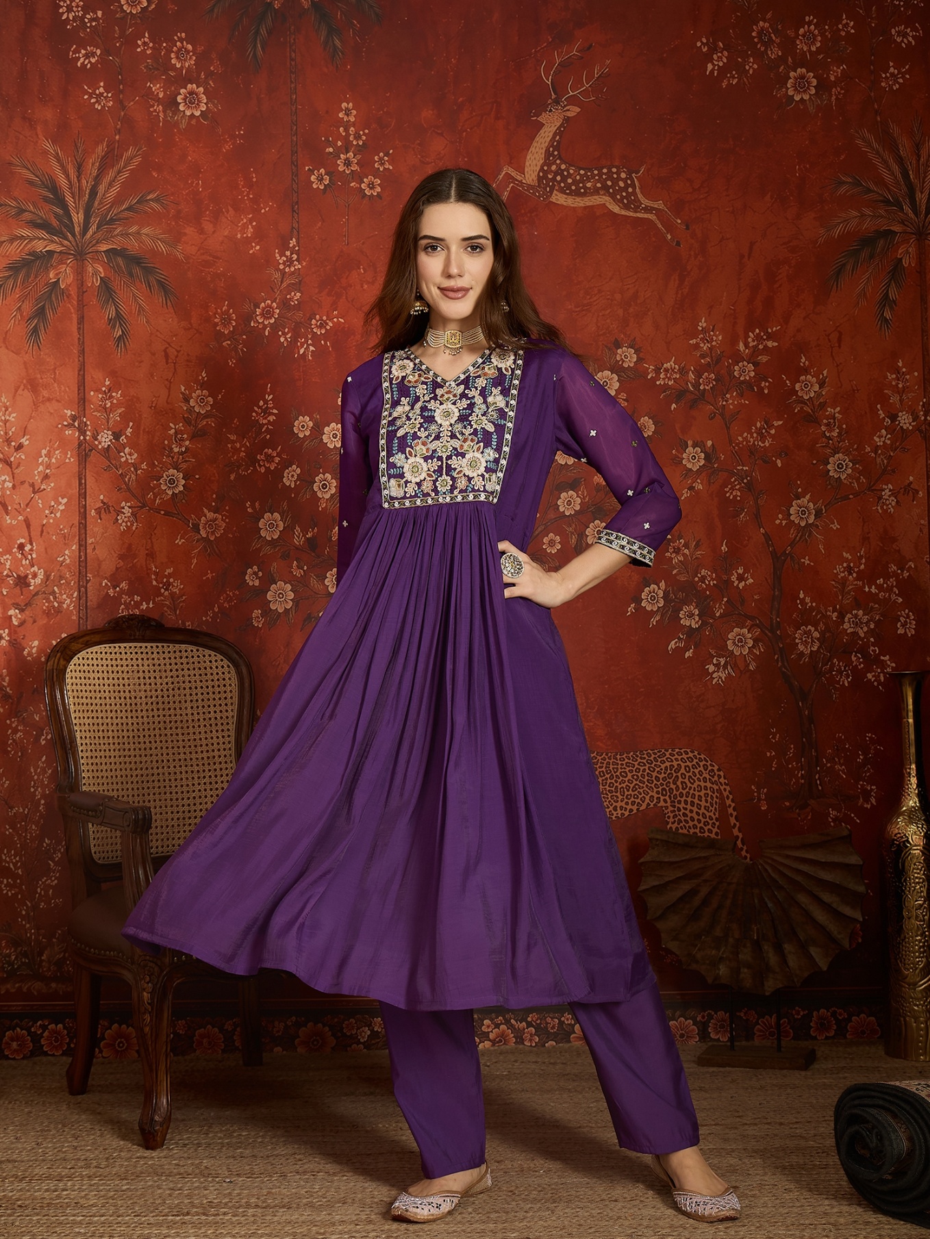 Purple Designer Embroidery Mul Chanderi Anarkali Suit