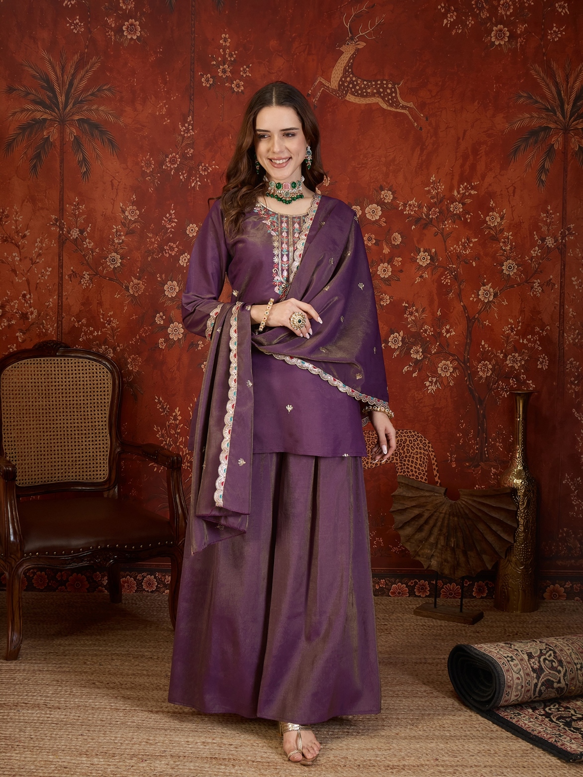 Purple Designer Embroidery Roman Simmer Palazzo Suit