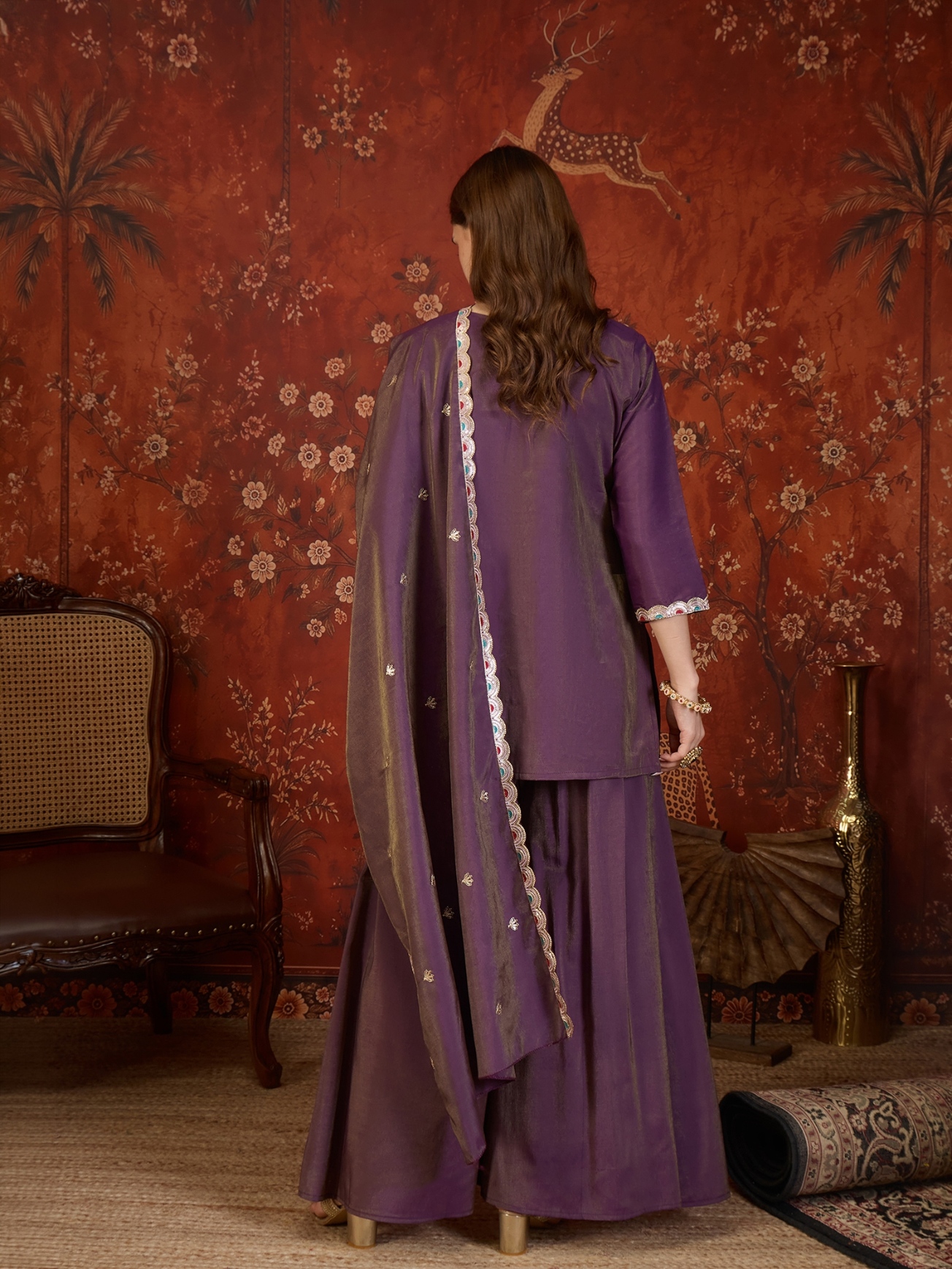 Purple Designer Embroidery Roman Simmer Palazzo Suit — alternate view