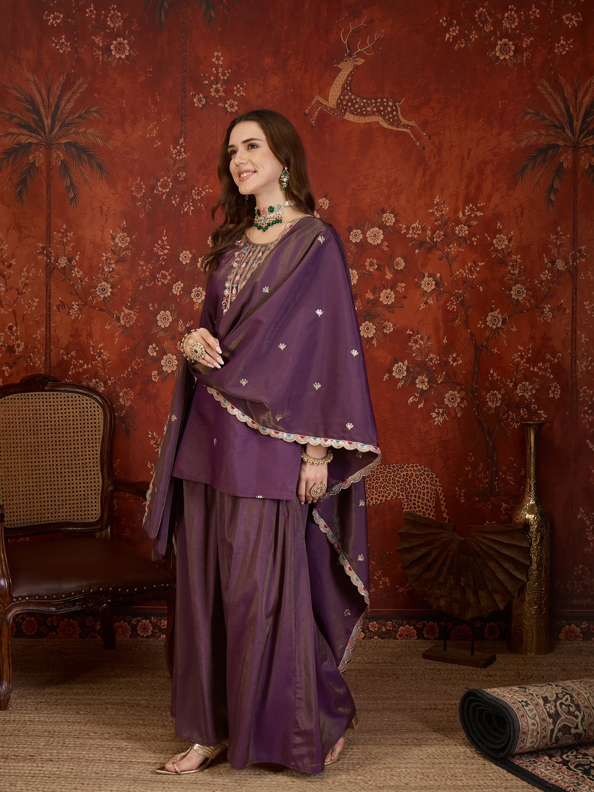 Purple Designer Embroidery Roman Simmer Palazzo Suit