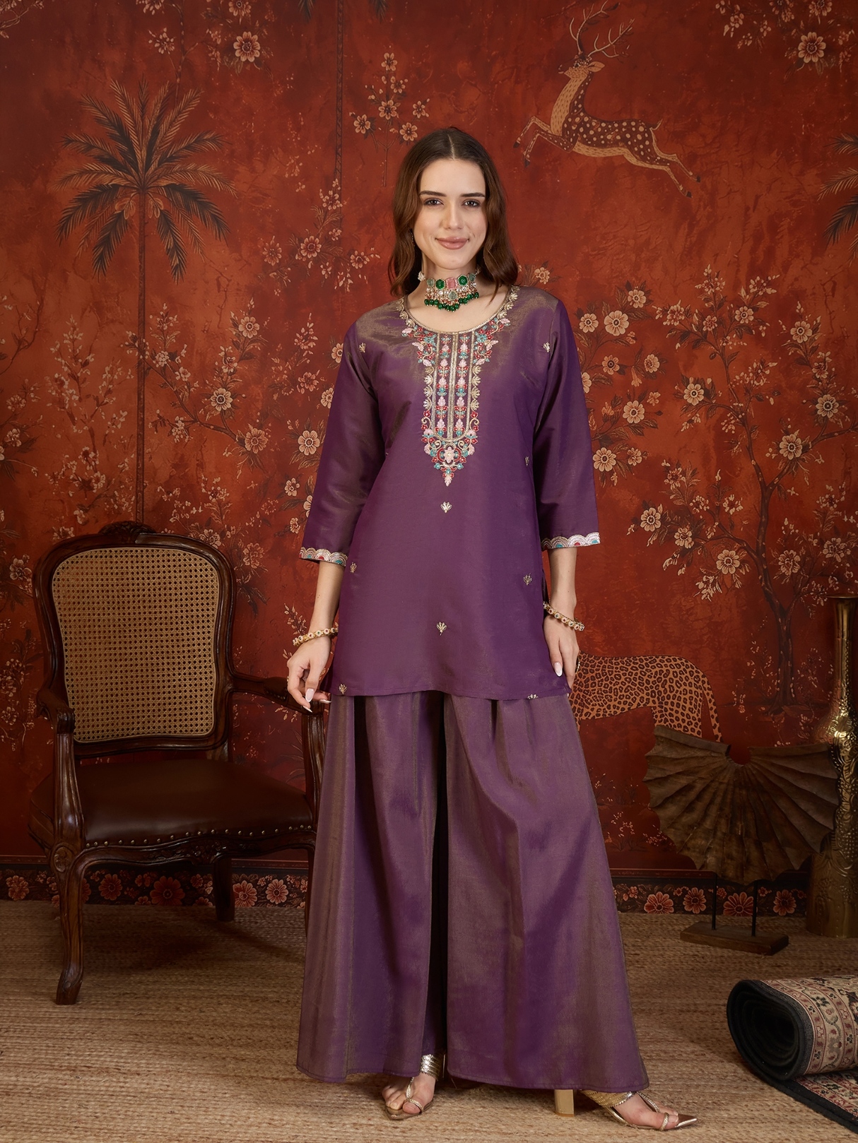 Purple Designer Embroidery Roman Simmer Palazzo Suit