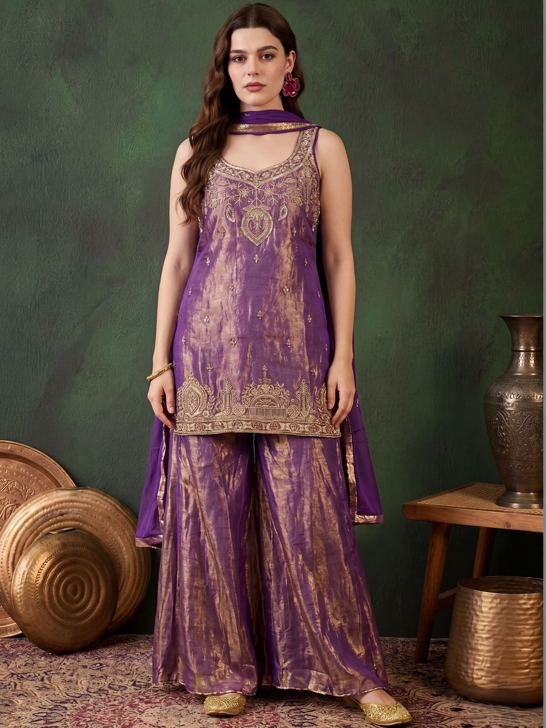 Purple Designer Embroidery Satin Palazzo Suit