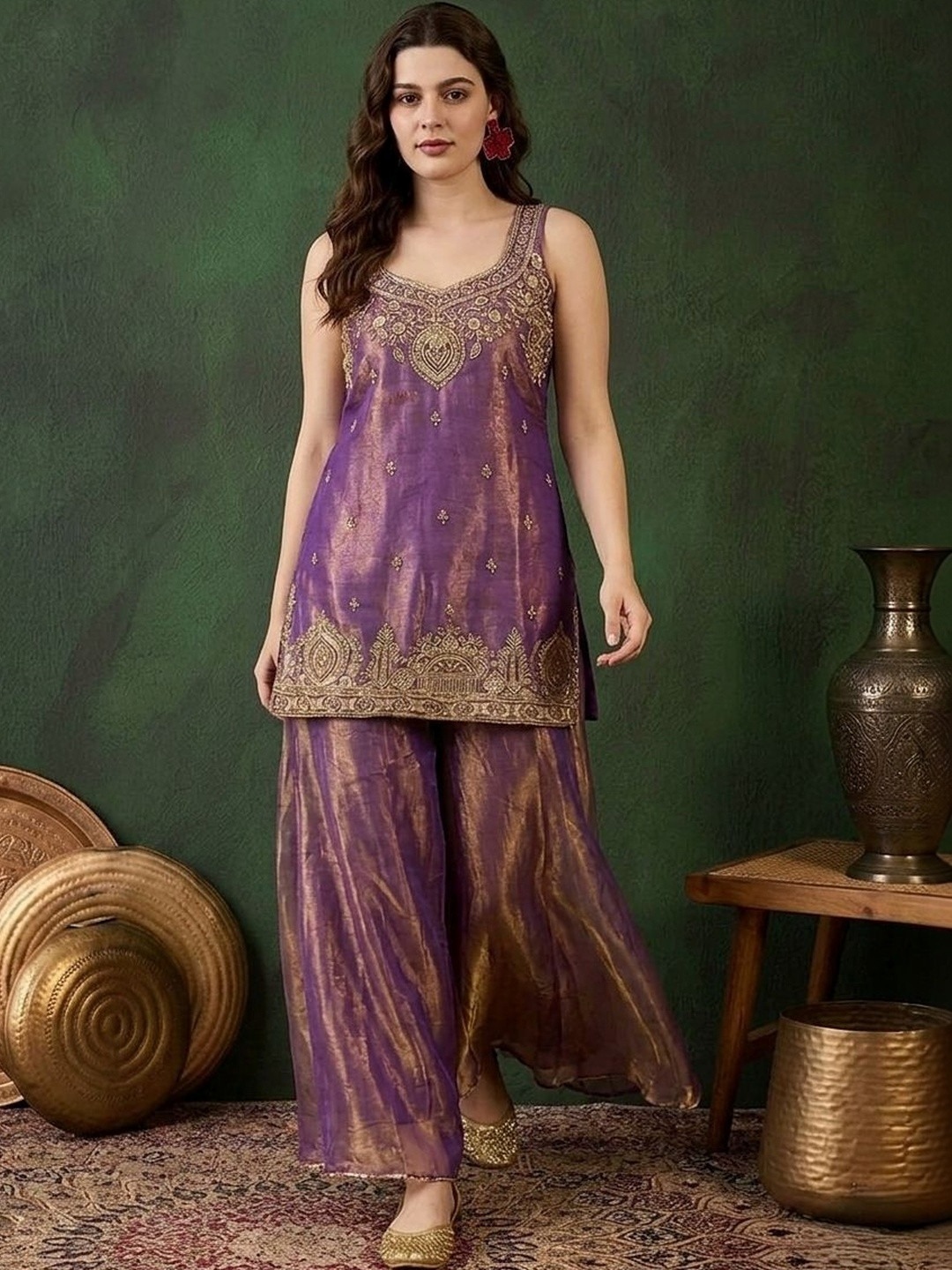 Purple Designer Embroidery Satin Palazzo Suit — alternate view