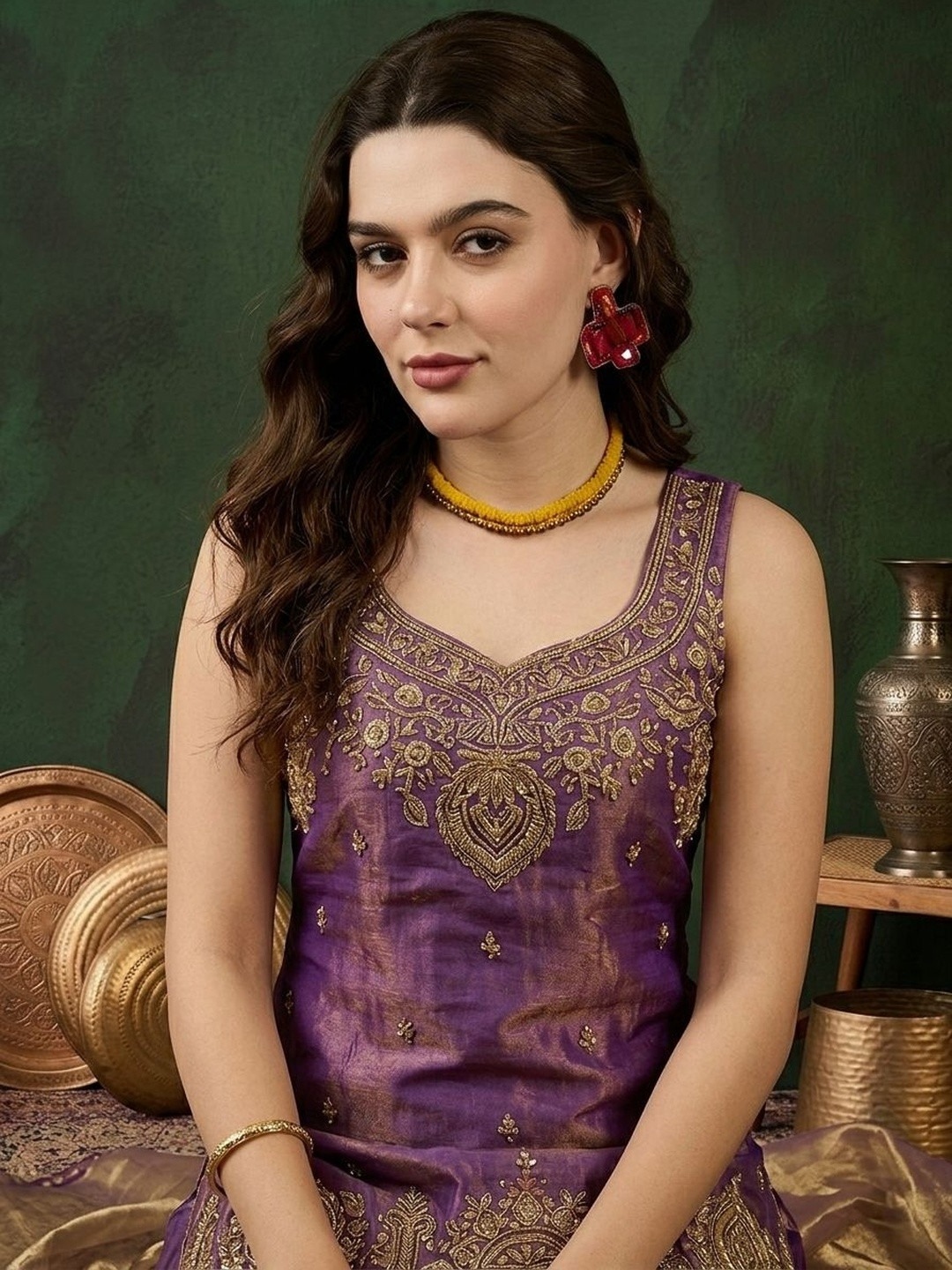 Purple Designer Embroidery Satin Palazzo Suit