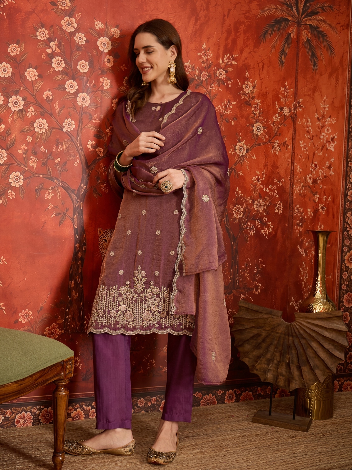 Purple Designer Embroidery Silk Straight Suit
