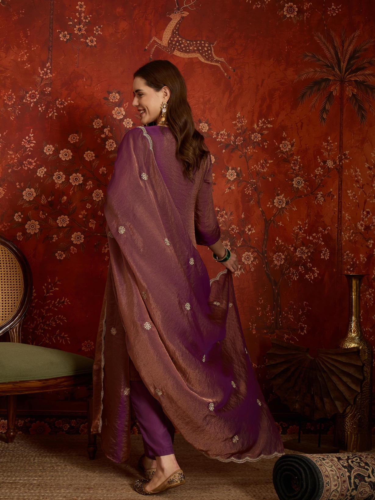 Purple Designer Embroidery Silk Straight Suit — alternate view